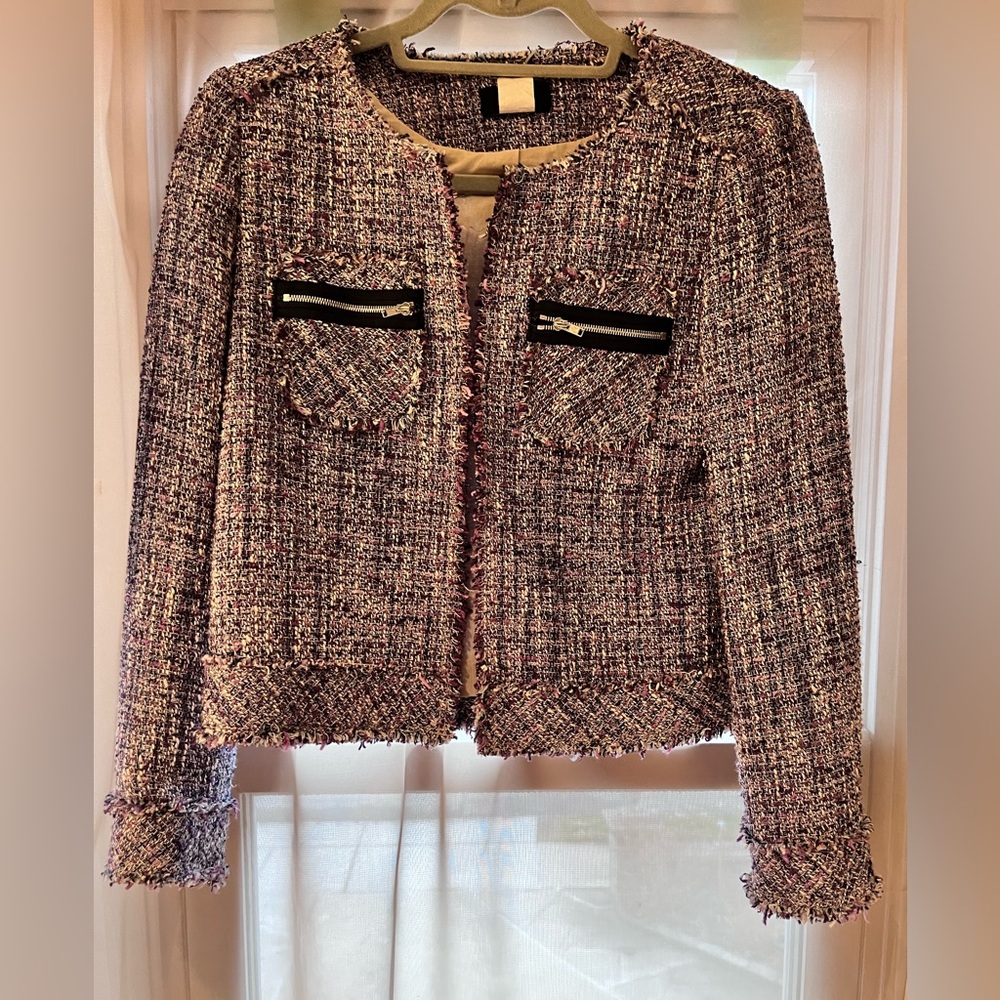 J Crew Fringy Tweed short cropped blazer ,size 2 . Purple , white , navy, lavend